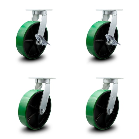 Service Caster 10 Inch Heavy Duty Green Poly on Cast Iron Caster Swivel Locks 2 Brakes, 4PK SCC-KP92S1030-PUR-GB-SLB-BSL-2-BSL-2